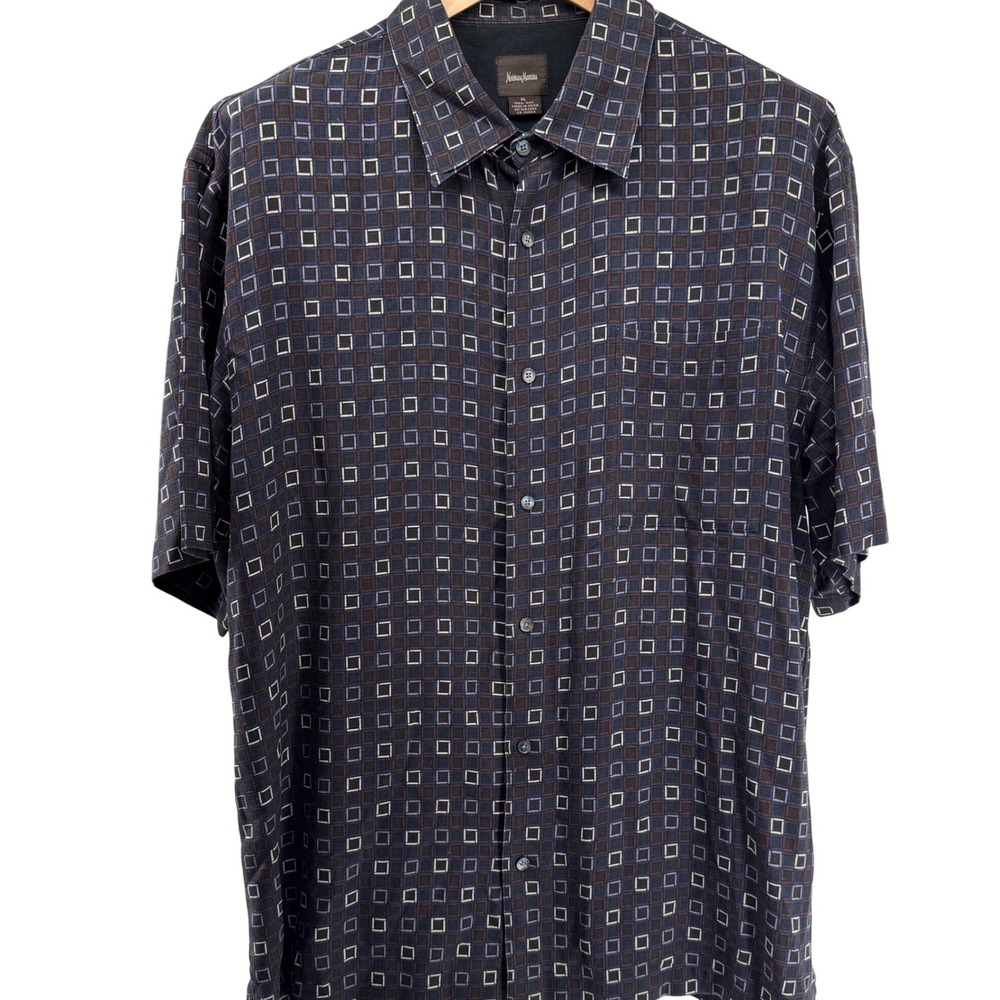 Neiman Marcus Mens Silk Short Sleeve Button Up Shirt Geometric Pattern XL